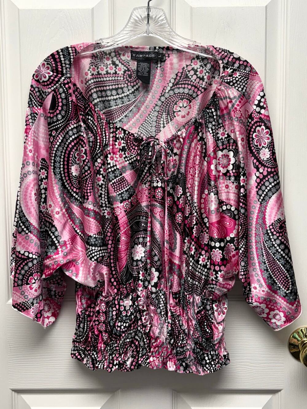 Rampage Blouse Y2K Blouson Top Pink Black Dolman Sleeve Size L Tie Neckline